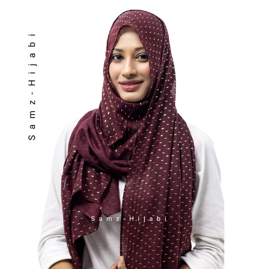 Gold Turkish Mukesh Lawn Hijab-Burgundy