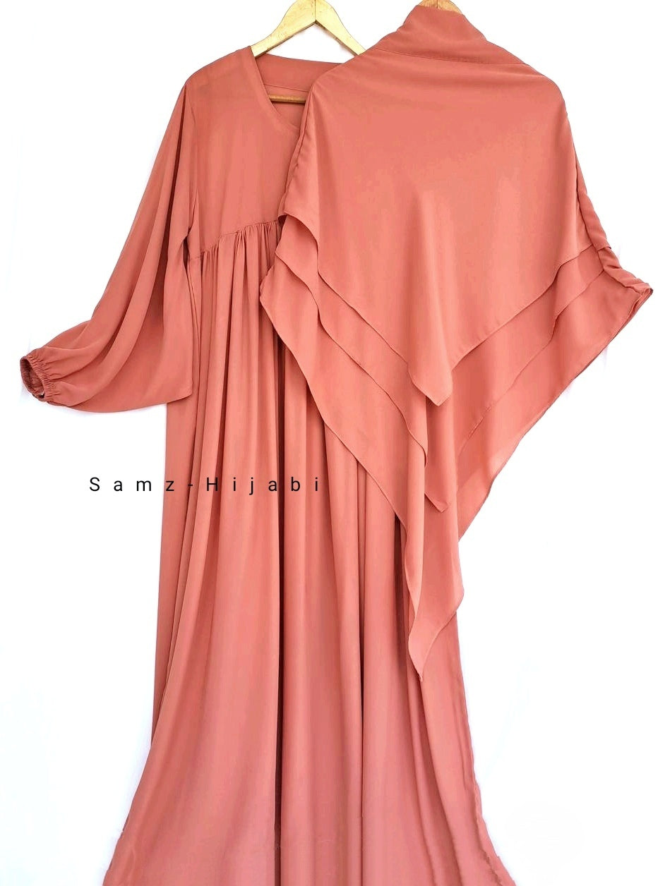 Three Layer Khimar Abaya Set-Peach