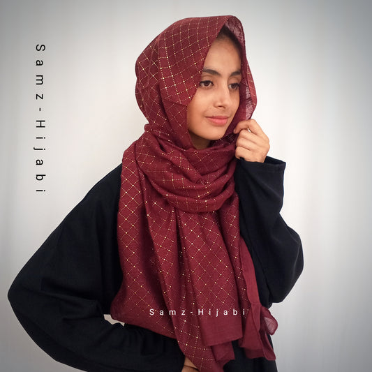 Gold Mukesh Check Lawn Hijab-Maroon