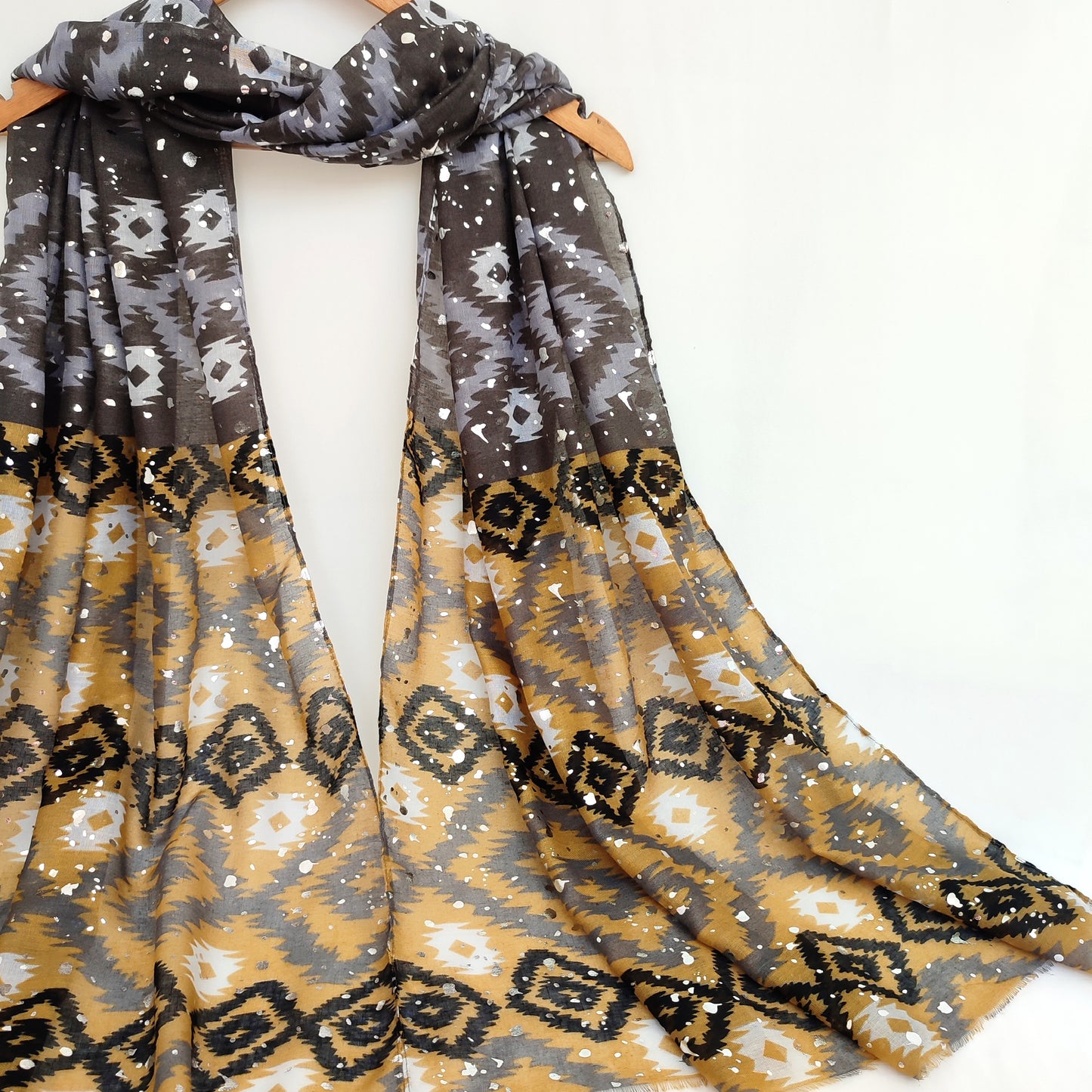 Ajrak Art Foil Lawn Hijab-Mustard Grey