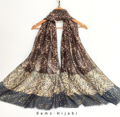 Abstract Art Foil Lawn Hijab-Beige Brown