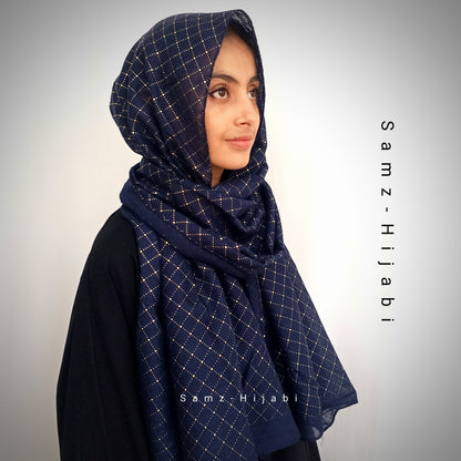 Gold Mukesh Check Lawn Hijab-Navy Blue