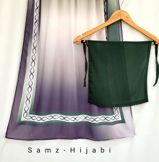 Printed Hijab With Plain Naqab- Leaf Green