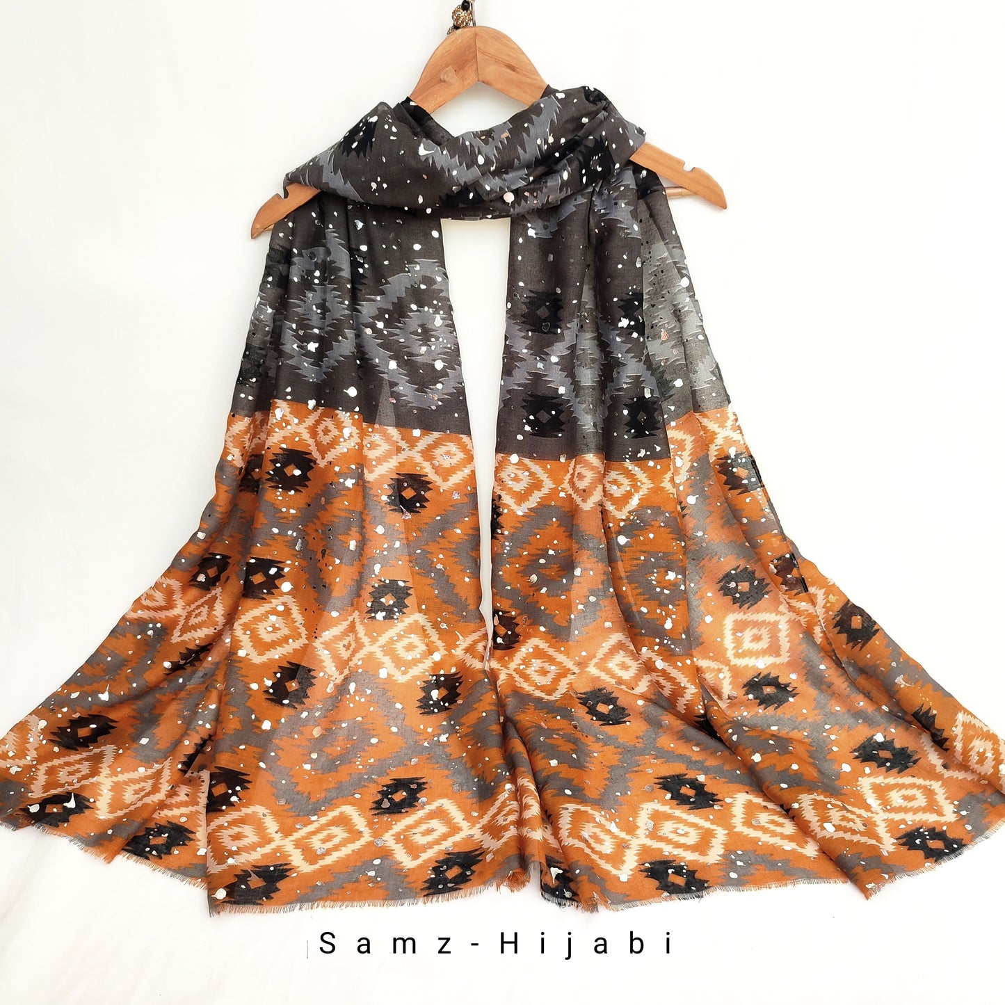 Ajrak Art Foil Lawn Hijab-Grey Orange