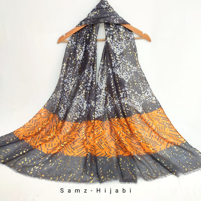 Abstract Art Foil Lawn Hijab- Orange Grey