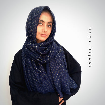 Gold Mukesh Check Lawn Hijab-Navy Blue