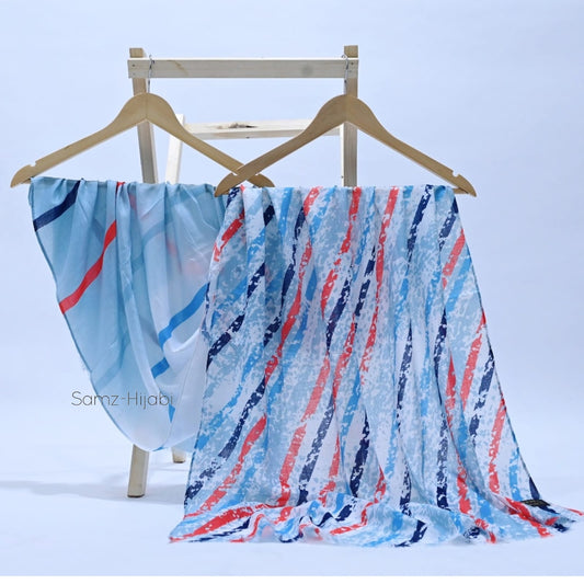 Straps Printed Lawn Hijab-blue