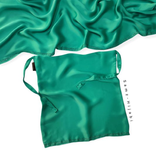 Luxurious Satin Silk Hijab Naqab Set-SeaGreen