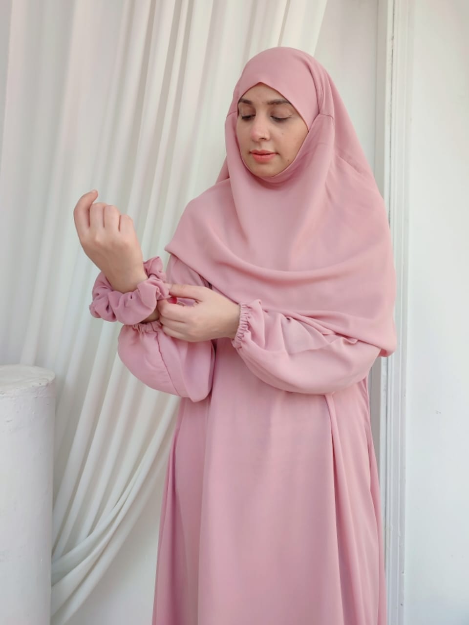 Double layer Khimar Abaya_Tea Pink