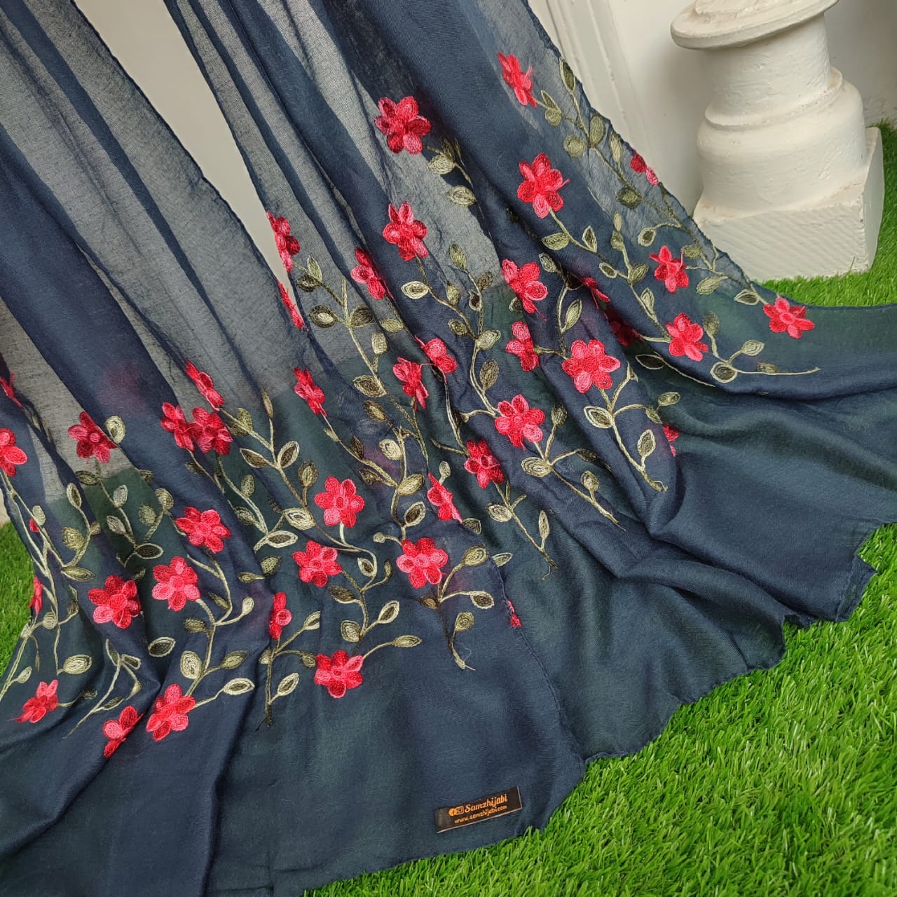 Floral Border Embroidery Lawn Hijab Design _ Navy Blue