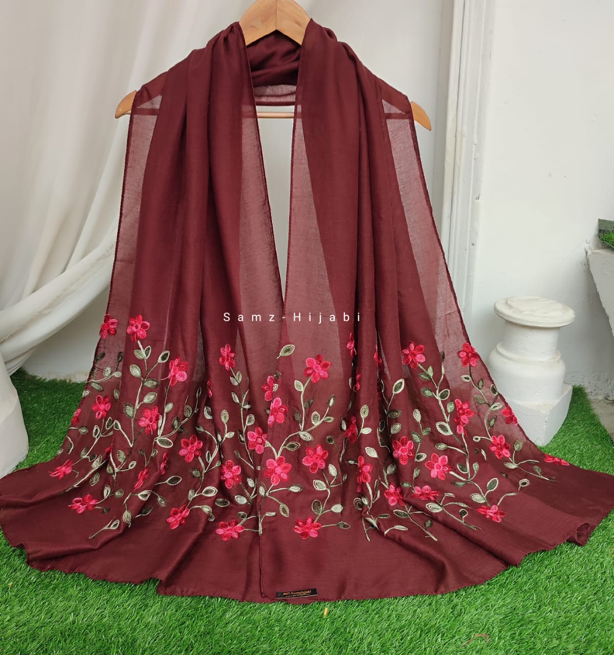 Floral Border Embroidery Lawn Hijab Design _Maroon