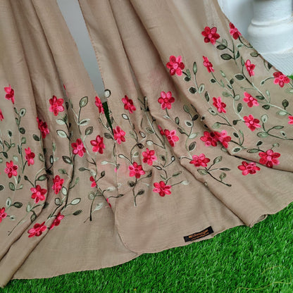 Floral Border Embroidery Lawn Hijab Design _Khakhi