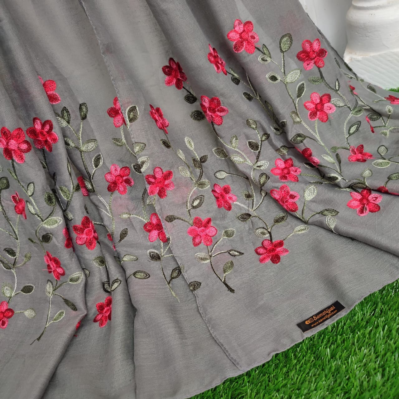 Floral Border Embroidery Lawn Hijab Design _Grey