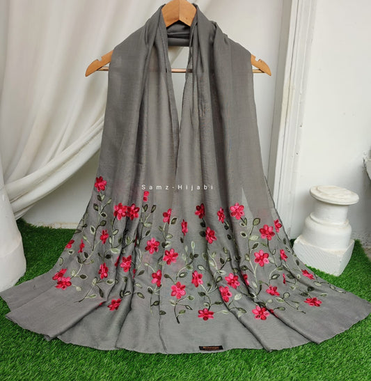 Floral Border Embroidery Lawn Hijab Design _Grey