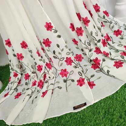 Floral Border Embroidery Lawn Hijab Design _ Cream