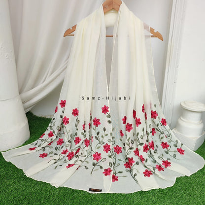 Floral Border Embroidery Lawn Hijab Design _ Cream