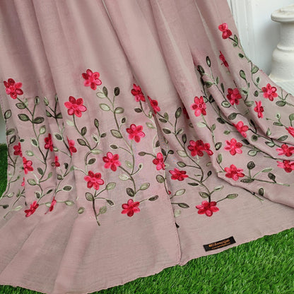 Floral Border Embroidery Lawn Hijab Design _Pastel Pink