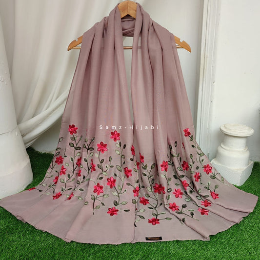 Floral Border Embroidery Lawn Hijab Design _Pastel Pink