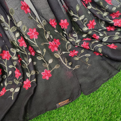 Floral Border Embroidery Lawn Hijab Design _Black