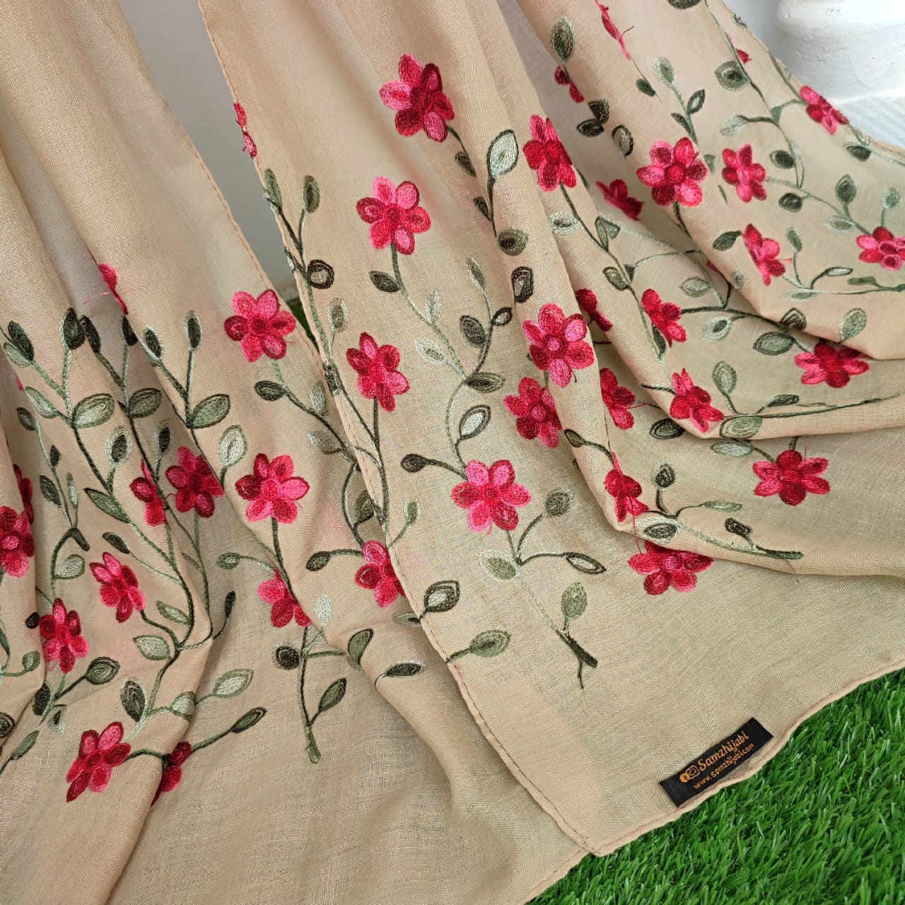 Floral Border Embroidery Lawn Hijab Design _ Desert