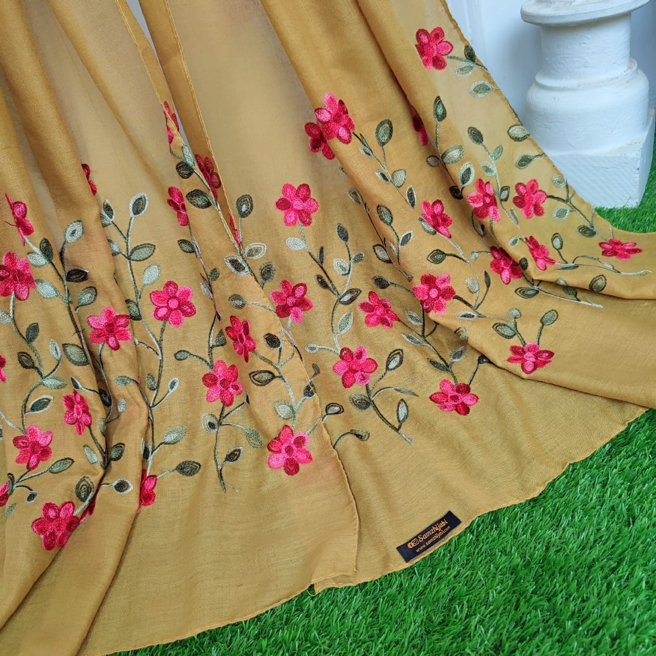 Floral Border Embroidery Lawn Hijab Design _Mustard