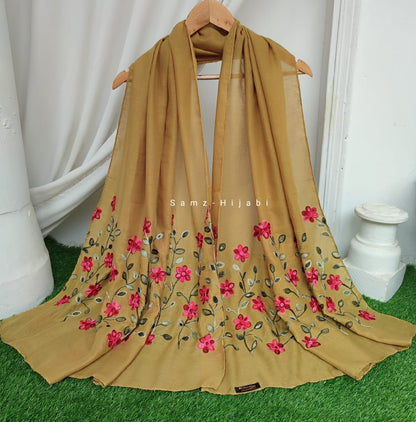 Floral Border Embroidery Lawn Hijab Design _Mustard