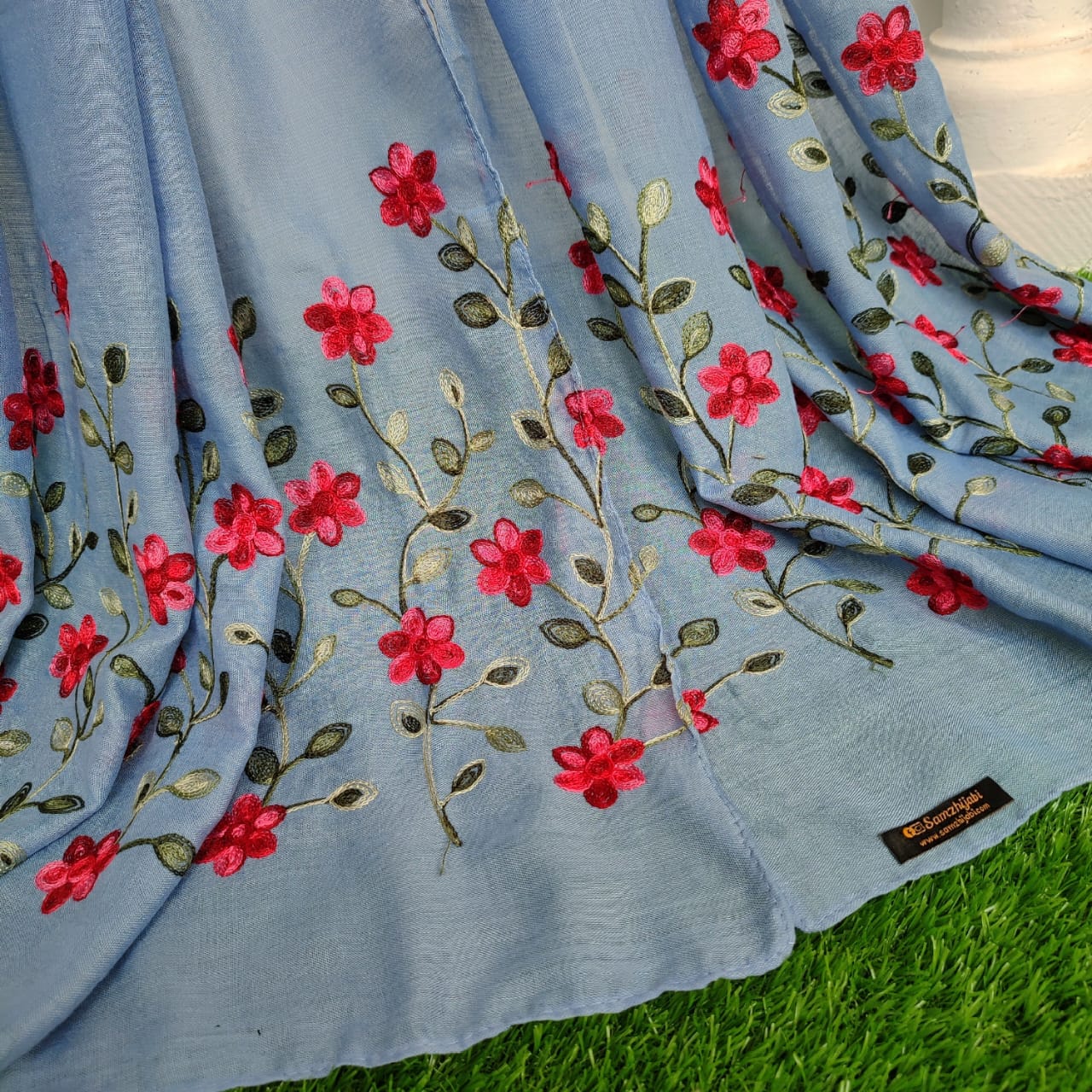 Floral Border Embroidery Lawn Hijab Design _ Sky blue