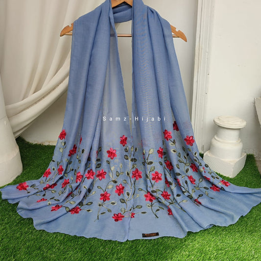 Floral Border Embroidery Lawn Hijab Design _ Sky blue