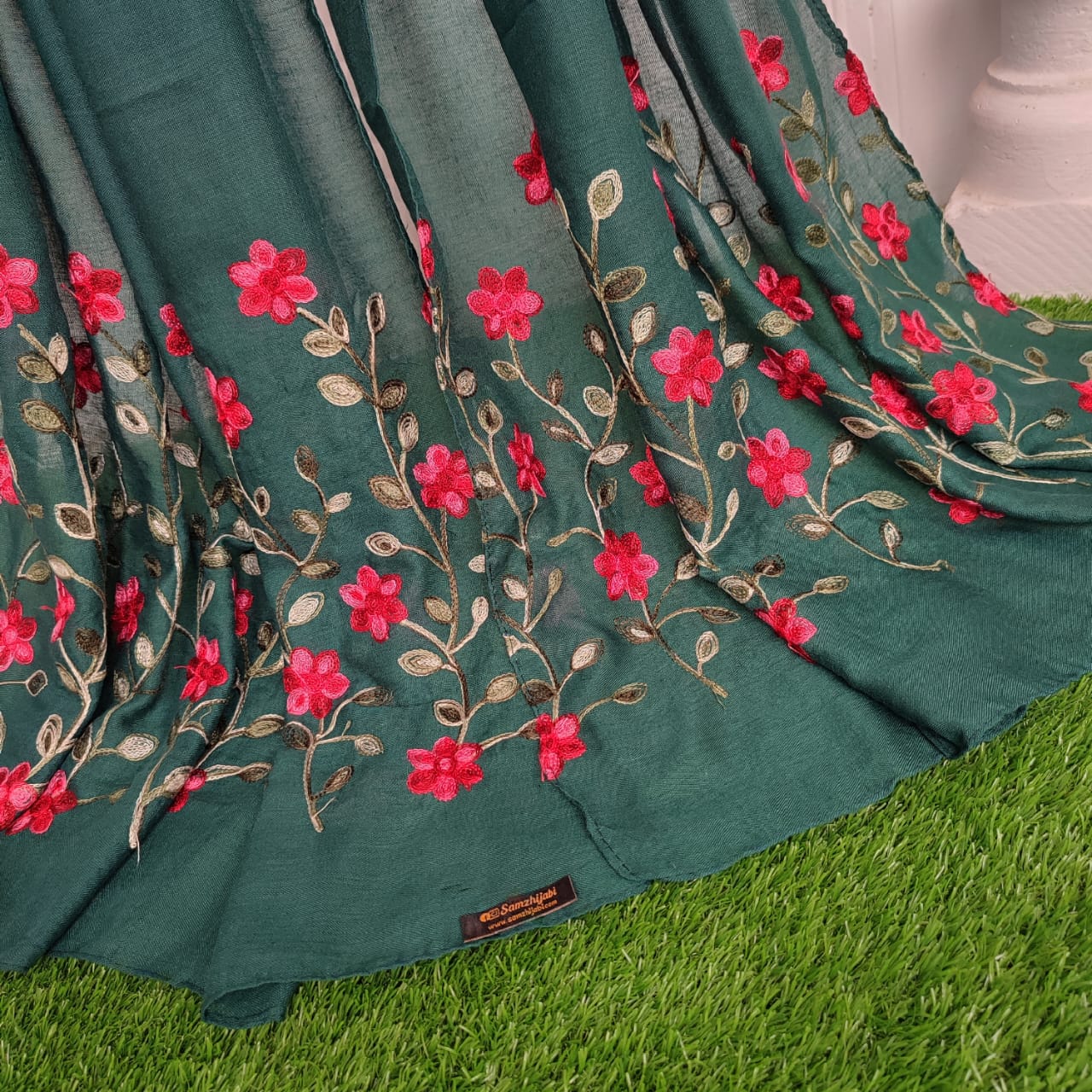 Floral Border Embroidery Lawn Hijab Design _ Dark Green