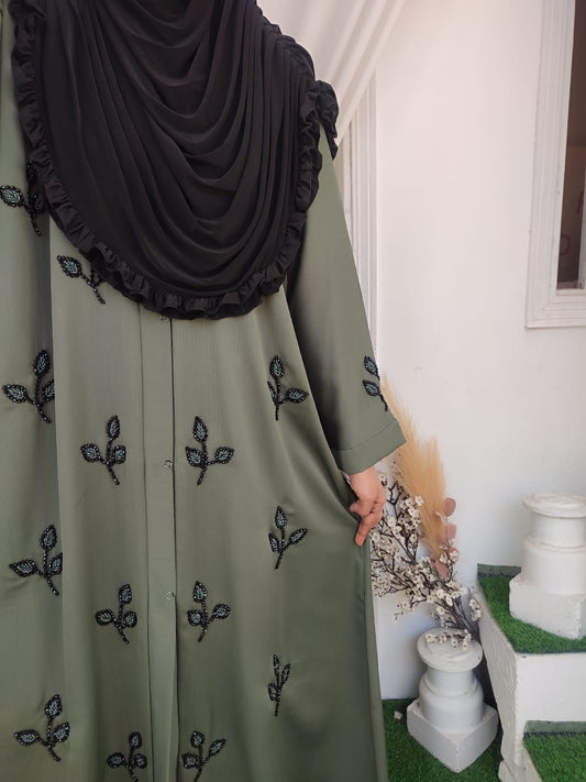 Stone Beads Work Abaya Set_ Pistachio
