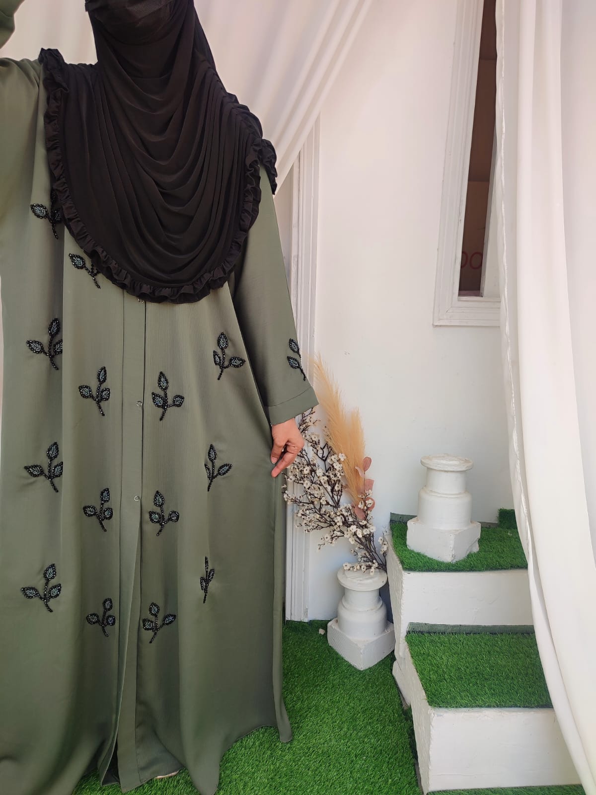 Stone Beads Work Abaya Set_ Pistachio