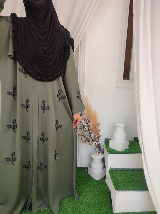 Stone Beads Work Abaya Set_ Pistachio