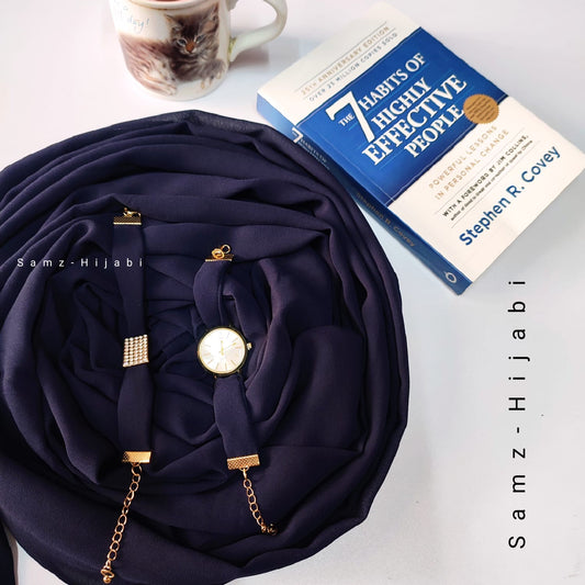 Watch Bracelet And Hijab Set _ Brinjal  Blue