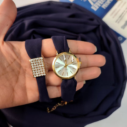 Watch Bracelet And Hijab Set _ Brinjal  Blue