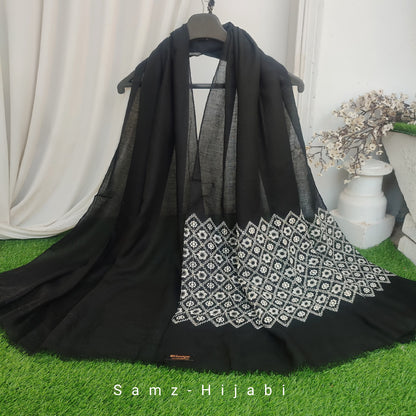 White Thread Floral Embroidery Lawn Hijab