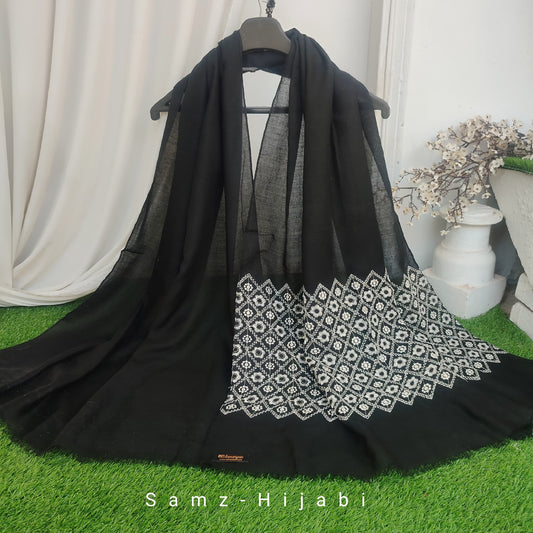 White Thread Floral Embroidery Lawn Hijab