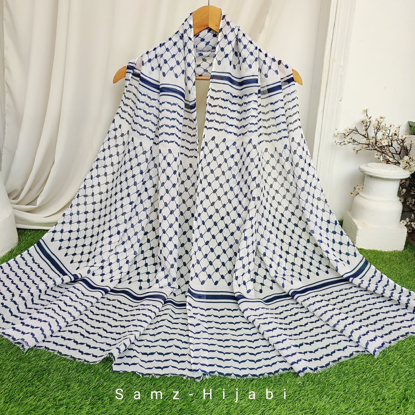 Palestinian Keffiyeh Hijab White Blue