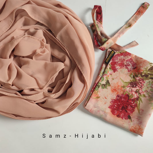 Printed Naqab Plain Hijab Set -Design 85