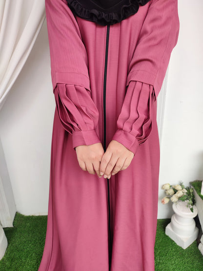 Zipper Plated Sleeves Abaya _Rose Pink