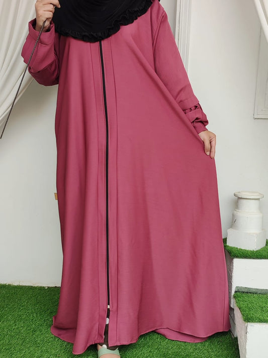 Zipper Plated Sleeves Abaya _Rose Pink