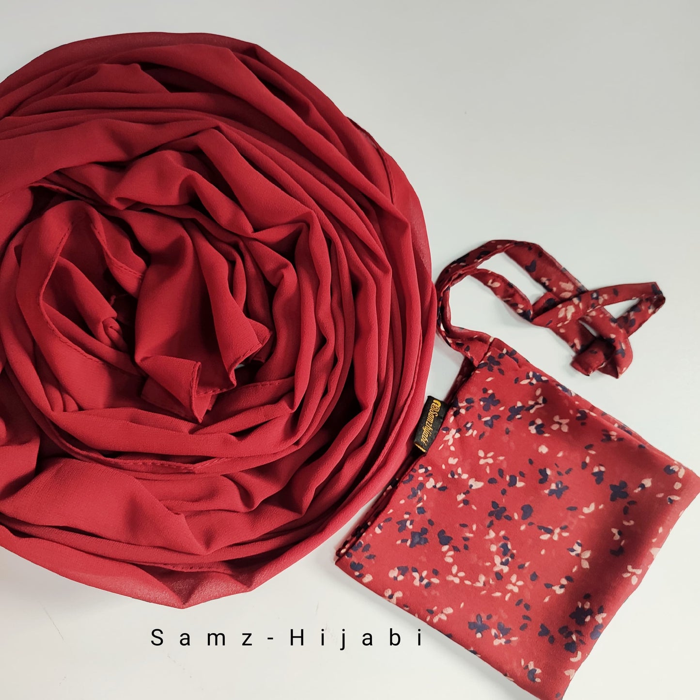 Printed Naqab Plain Hijab Set -Design 87