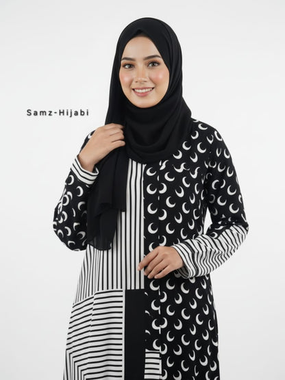Printed Front Open Black White Abaya