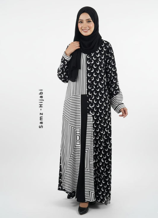 Printed Front Open Black White Abaya