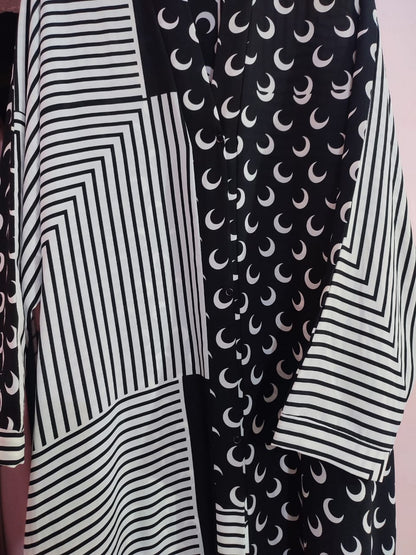 Printed Front Open Black White Abaya