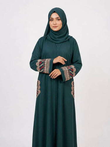Pocket Patch Embroidered Abaya With Hijab