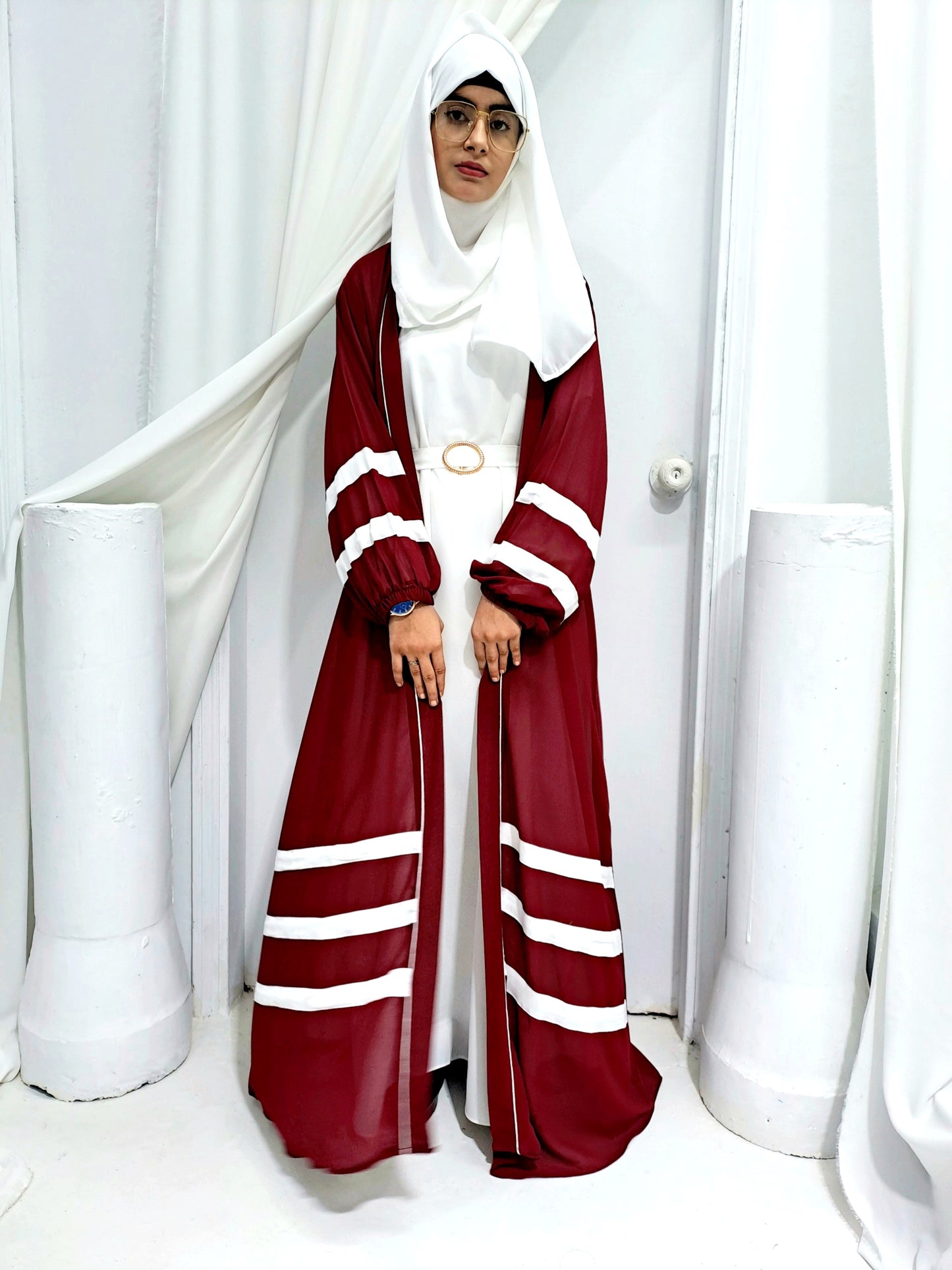 Designer Strap Abaya Cherry