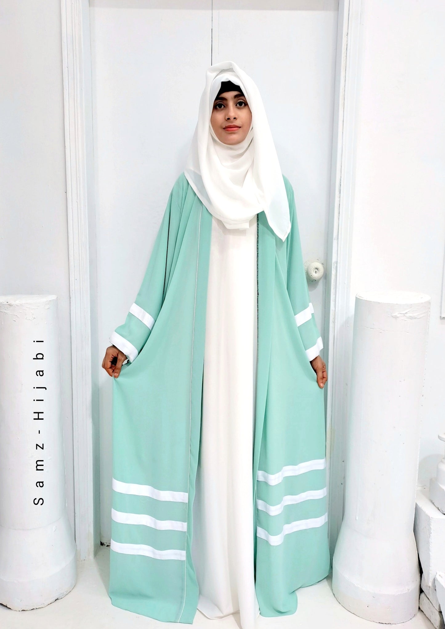 Designer Strap Abaya Aqua Green