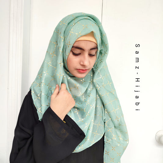 Lux Gold Foil Lawn Hijab-Aqua