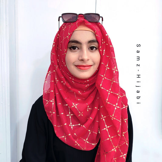 Lux Gold Foil Lawn Hijab-Cherry Red