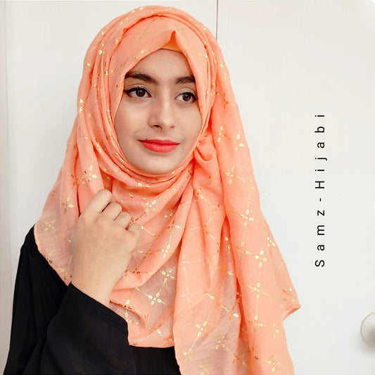 Lux Gold Foil Lawn Hijab-Peach